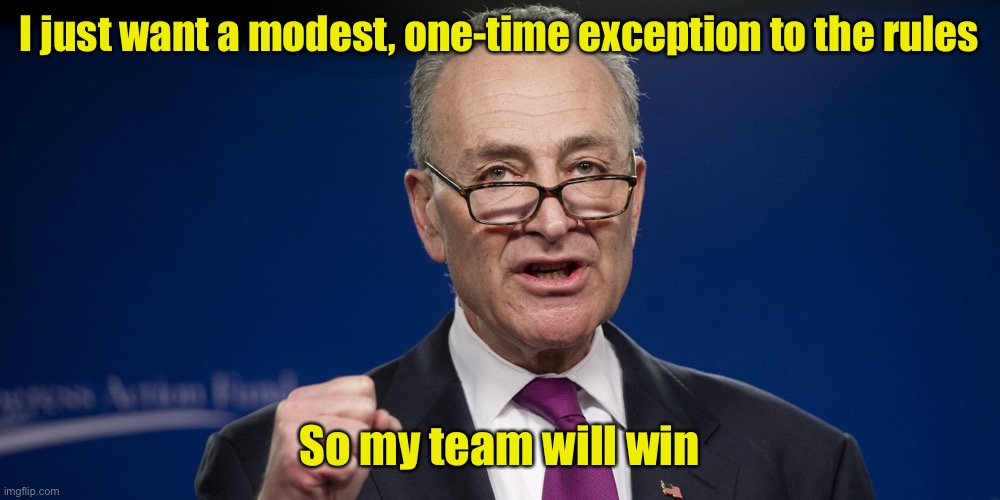 Chuck Schumer, when the New York Knicks are down by 4 points with 1 second on the clock | I just want a modest, one-time exception to the rules; So my team will win | image tagged in chuck schumer,liberal logic | made w/ Imgflip meme maker