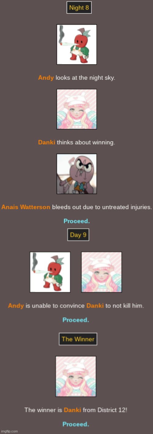 The winner is Danki | image tagged in happy hunger games | made w/ Imgflip meme maker