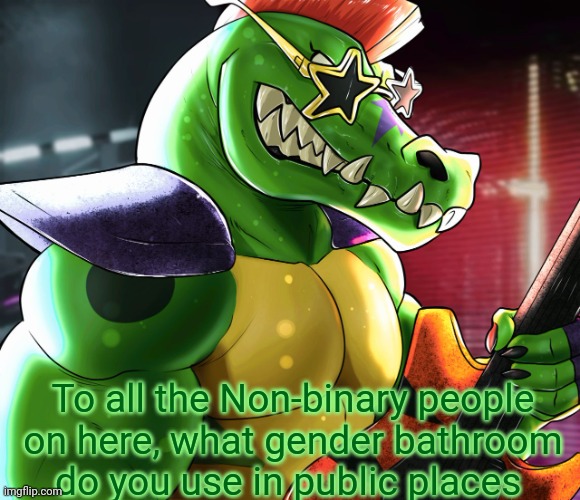 To all the Non-binary people on here, what gender bathroom do you use in public places | image tagged in monty gator announcement template | made w/ Imgflip meme maker