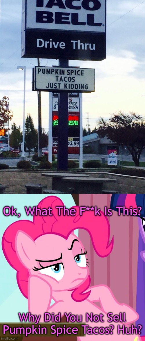 wtf Moments | Ok, What The F**k Is This? Why Did You Not Sell Pumpkin Spice Tacos? Huh? | image tagged in confessive pinkie pie mlp,wtf,taco bell,mlp,my little pony,memes | made w/ Imgflip meme maker