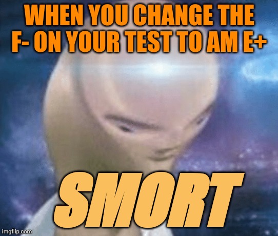 Meem mnn smort | WHEN YOU CHANGE THE F- ON YOUR TEST TO AM E+; SMORT | image tagged in smort,meme man,school,grades | made w/ Imgflip meme maker