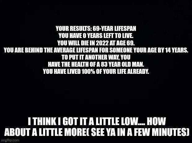Lol | YOUR RESULTS: 69-YEAR LIFESPAN

YOU HAVE 0 YEARS LEFT TO LIVE.
YOU WILL DIE IN 2022 AT AGE 69.
YOU ARE BEHIND THE AVERAGE LIFESPAN FOR SOMEONE YOUR AGE BY 14 YEARS.
TO PUT IT ANOTHER WAY, YOU HAVE THE HEALTH OF A 83 YEAR OLD MAN.
YOU HAVE LIVED 100% OF YOUR LIFE ALREADY. I THINK I GOT IT A LITTLE LOW.... HOW ABOUT A LITTLE MORE( SEE YA IN A FEW MINUTES) | image tagged in black background | made w/ Imgflip meme maker
