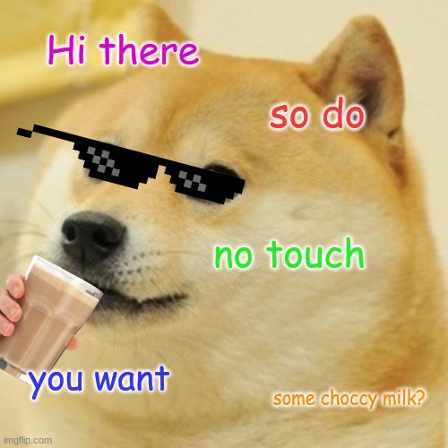 You want choccy milk? | Hi there; so do; no touch; you want; some choccy milk? | image tagged in memes,doge | made w/ Imgflip meme maker