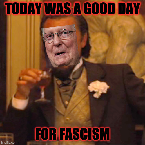 Laughing Mitch | TODAY WAS A GOOD DAY; FOR FASCISM | image tagged in memes,laughing leo,laughing mitch,voting rights,fascism | made w/ Imgflip meme maker