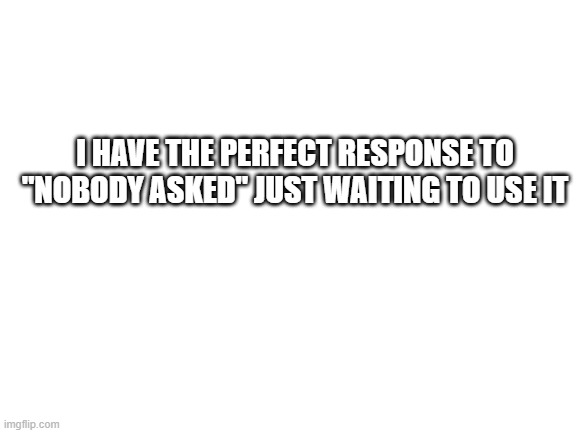 Blank White Template | I HAVE THE PERFECT RESPONSE TO "NOBODY ASKED" JUST WAITING TO USE IT | image tagged in blank white template | made w/ Imgflip meme maker