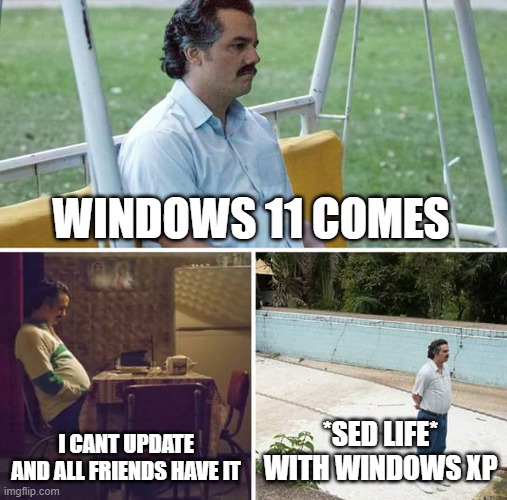 Sad Pablo Escobar Meme | WINDOWS 11 COMES; I CANT UPDATE AND ALL FRIENDS HAVE IT; *SED LIFE* WITH WINDOWS XP | image tagged in memes,sad pablo escobar | made w/ Imgflip meme maker