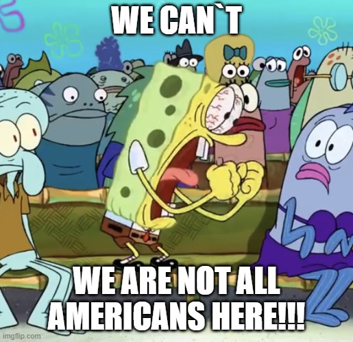 Angry SpongeBob | WE CAN`T; WE ARE NOT ALL AMERICANS HERE!!! | image tagged in angry spongebob,Boglememes | made w/ Imgflip meme maker