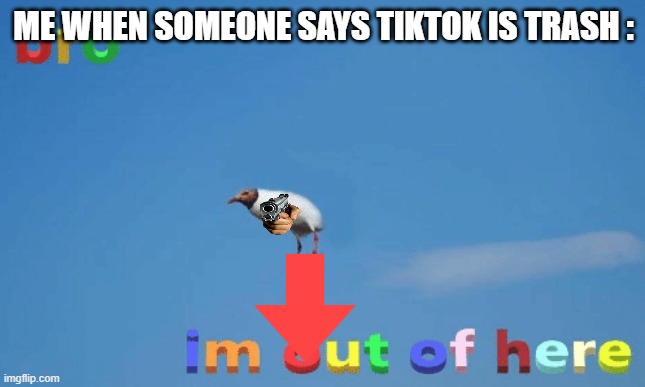 you guys are toxic >:( your trash too | ME WHEN SOMEONE SAYS TIKTOK IS TRASH : | image tagged in bro im out of here | made w/ Imgflip meme maker