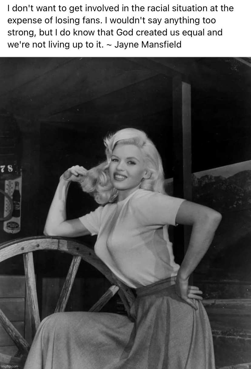 Jayne Mansfield anti-racist | image tagged in jayne mansfield anti-racist | made w/ Imgflip meme maker