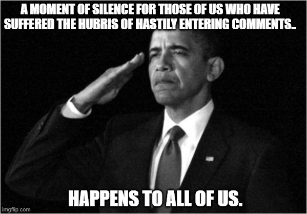 obama-salute | HAPPENS TO ALL OF US. A MOMENT OF SILENCE FOR THOSE OF US WHO HAVE SUFFERED THE HUBRIS OF HASTILY ENTERING COMMENTS.. | image tagged in obama-salute | made w/ Imgflip meme maker