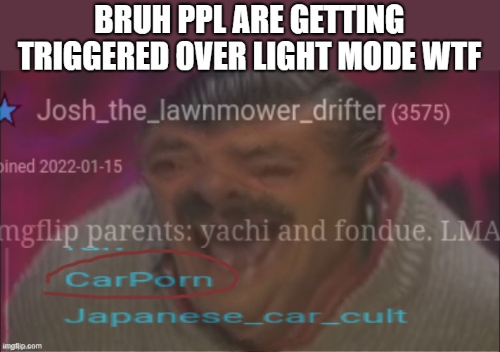 Josh PTSD | BRUH PPL ARE GETTING TRIGGERED OVER LIGHT MODE WTF | image tagged in josh ptsd,dead stream lmfao | made w/ Imgflip meme maker