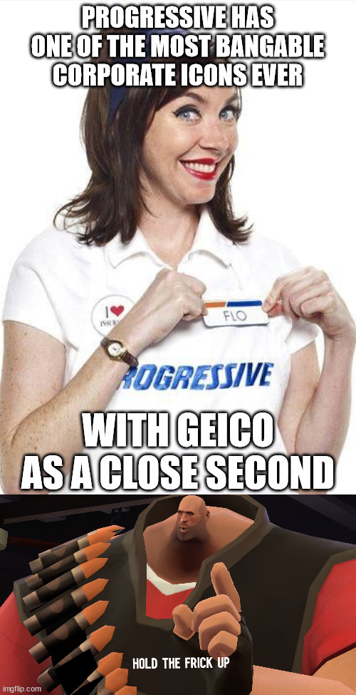 WOOD SMASH! | PROGRESSIVE HAS
ONE OF THE MOST BANGABLE
CORPORATE ICONS EVER; WITH GEICO
AS A CLOSE SECOND | image tagged in hold the frick up,geico,flo,progressive,flo from progressive,bangable | made w/ Imgflip meme maker