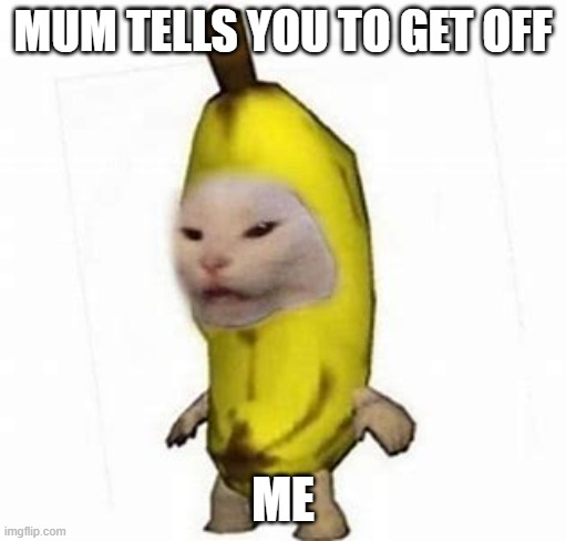 :( ME | MUM TELLS YOU TO GET OFF; ME | image tagged in banana ccat | made w/ Imgflip meme maker