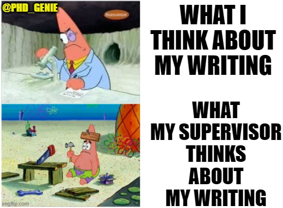 Smart dumb writing | @PHD_GENIE; WHAT I THINK ABOUT MY WRITING; WHAT MY SUPERVISOR THINKS ABOUT MY WRITING | image tagged in patrick smart dumb | made w/ Imgflip meme maker