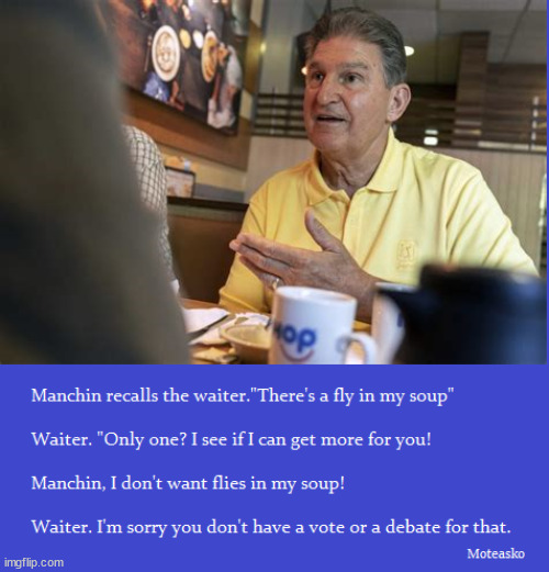Manchin's fly soup. | image tagged in two face,traitor,dino,soup | made w/ Imgflip meme maker