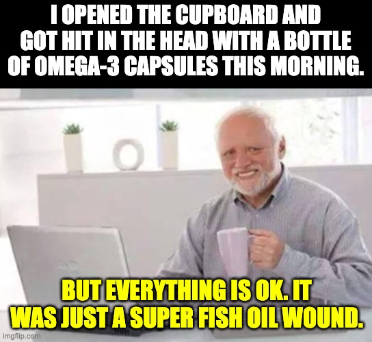 Omega-3 | I OPENED THE CUPBOARD AND GOT HIT IN THE HEAD WITH A BOTTLE OF OMEGA-3 CAPSULES THIS MORNING. BUT EVERYTHING IS OK. IT WAS JUST A SUPER FISH OIL WOUND. | image tagged in harold | made w/ Imgflip meme maker