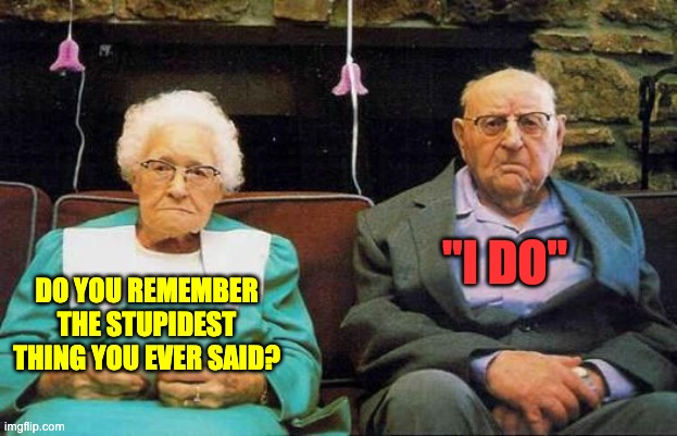 The longest sentence in the English language | "I DO"; DO YOU REMEMBER THE STUPIDEST THING YOU EVER SAID? | image tagged in old couple | made w/ Imgflip meme maker