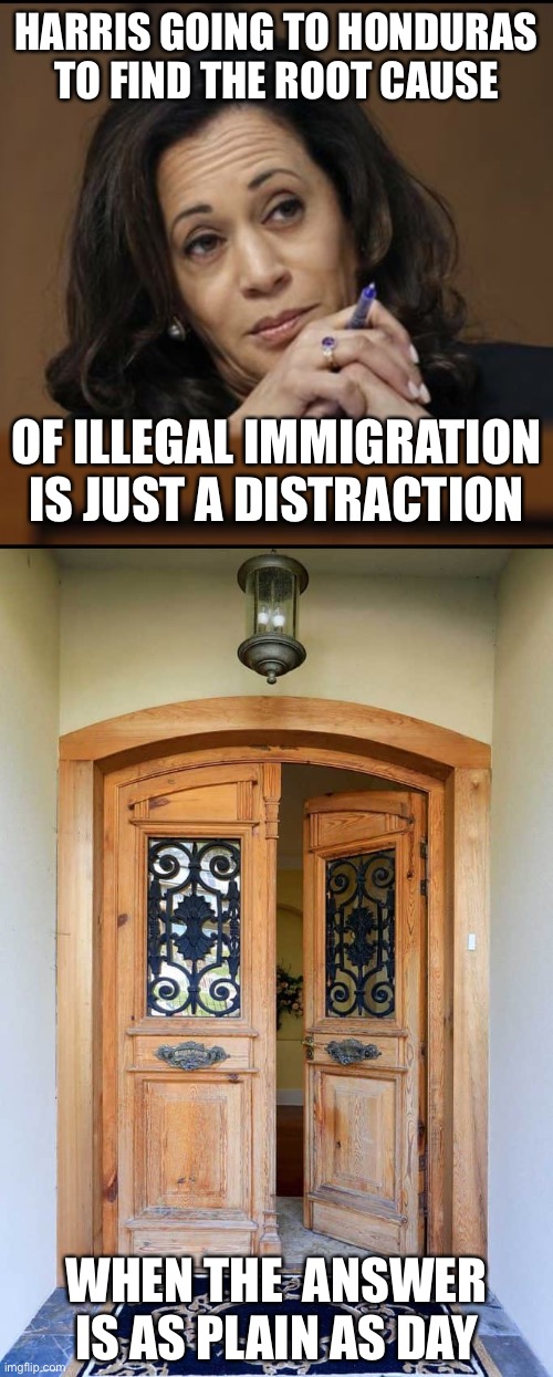 Just shut the damn door already. |  HARRIS GOING TO HONDURAS TO FIND THE ROOT CAUSE; OF ILLEGAL IMMIGRATION IS JUST A DISTRACTION; WHEN THE  ANSWER IS AS PLAIN AS DAY | image tagged in kamala harris,immigration,distraction,open door | made w/ Imgflip meme maker