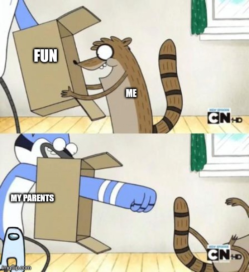 Sigh | FUN; ME; MY PARENTS | image tagged in mordecai punches rigby through a box | made w/ Imgflip meme maker