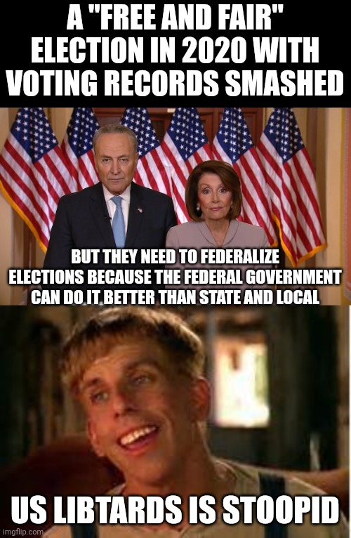 A "FREE AND FAIR" ELECTION IN 2020 WITH VOTING RECORDS SMASHED; BUT THEY NEED TO FEDERALIZE ELECTIONS BECAUSE THE FEDERAL GOVERNMENT CAN DO IT BETTER THAN STATE AND LOCAL; US LIBTARDS IS STOOPID | image tagged in chuck and nancy,simple jack | made w/ Imgflip meme maker