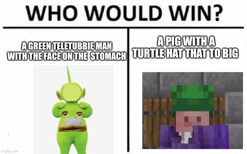 Who Would Win? | A PIG WITH A TURTLE HAT THAT TO BIG; A GREEN TELETUBBIE MAN WITH THE FACE ON THE  STOMACH | image tagged in memes,who would win | made w/ Imgflip meme maker