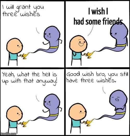 3 Wishes | I wish I had some friends | image tagged in 3 wishes | made w/ Imgflip meme maker