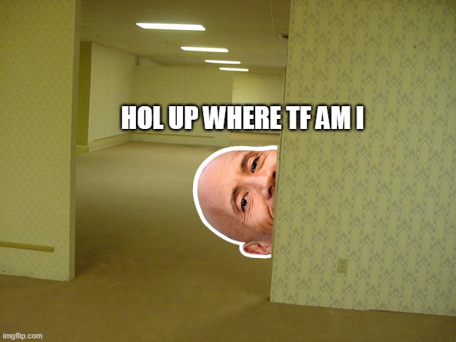 The Backrooms |  HOL UP WHERE TF AM I | image tagged in the backrooms | made w/ Imgflip meme maker