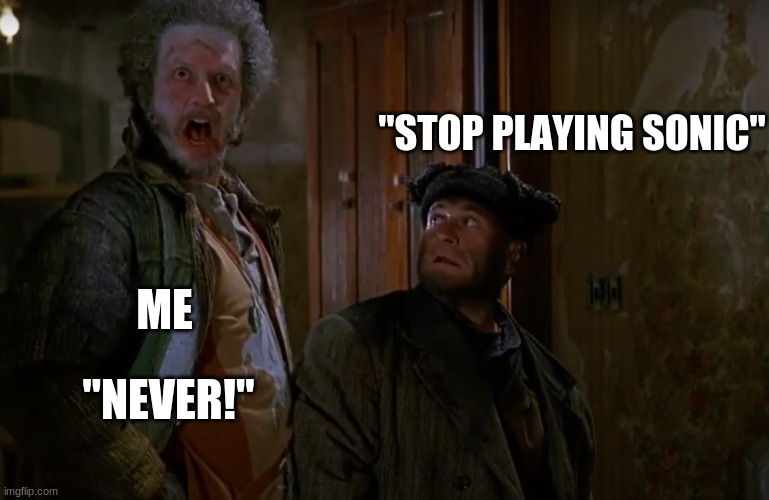 [Insert Clever Sonic Title Here] | "STOP PLAYING SONIC"; ME; "NEVER!" | image tagged in home alone 2 marv never,sonic the hedgehog,memes | made w/ Imgflip meme maker