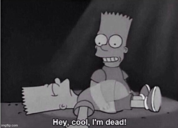 Hey, cool, I'm dead! | image tagged in hey cool i'm dead | made w/ Imgflip meme maker