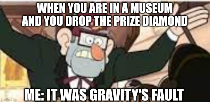 meme | WHEN YOU ARE IN A MUSEUM AND YOU DROP THE PRIZE DIAMOND; ME: IT WAS GRAVITY'S FAULT | image tagged in funny | made w/ Imgflip meme maker