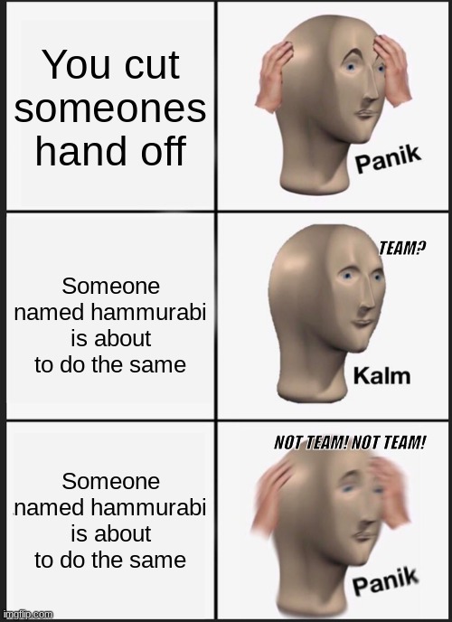 oh no | You cut someones hand off; Someone named hammurabi is about to do the same; TEAM? NOT TEAM! NOT TEAM! Someone named hammurabi is about to do the same | image tagged in memes,panik kalm panik | made w/ Imgflip meme maker