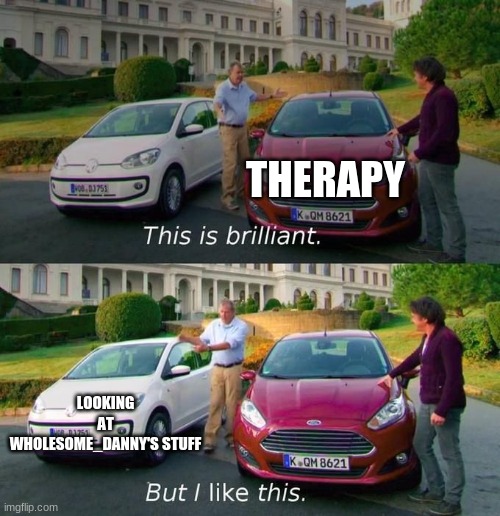 This Is Brilliant But I Like This | THERAPY; LOOKING AT WHOLESOME_DANNY'S STUFF | image tagged in this is brilliant but i like this | made w/ Imgflip meme maker
