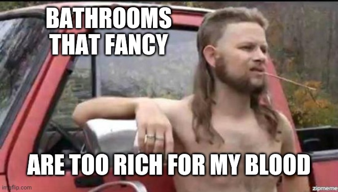 almost politically correct redneck | BATHROOMS THAT FANCY ARE TOO RICH FOR MY BLOOD | image tagged in almost politically correct redneck | made w/ Imgflip meme maker
