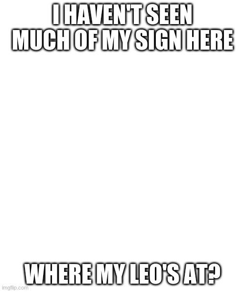 White rectangle | I HAVEN'T SEEN MUCH OF MY SIGN HERE; WHERE MY LEO'S AT? | image tagged in white rectangle,leo,zodiac | made w/ Imgflip meme maker