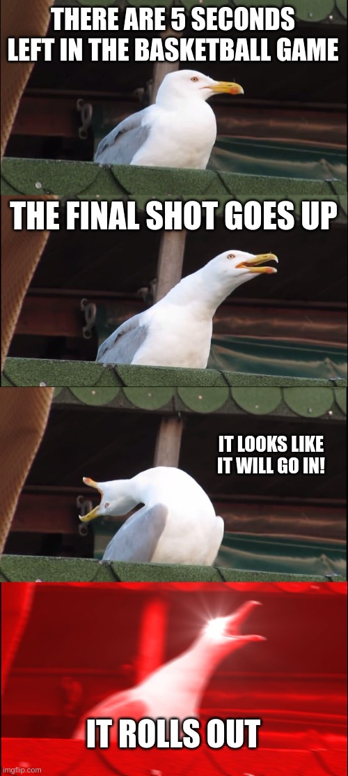 Inhaling Seagull Meme | THERE ARE 5 SECONDS LEFT IN THE BASKETBALL GAME; THE FINAL SHOT GOES UP; IT LOOKS LIKE IT WILL GO IN! IT ROLLS OUT | image tagged in memes,inhaling seagull | made w/ Imgflip meme maker