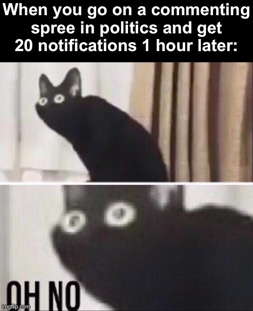 It’s most likely your comments getting deleted LMAO. This is my own personal experience BTW. | When you go on a commenting spree in politics and get 20 notifications 1 hour later: | image tagged in memes,oh no cat,imgflip community,oh wow are you actually reading these tags | made w/ Imgflip meme maker