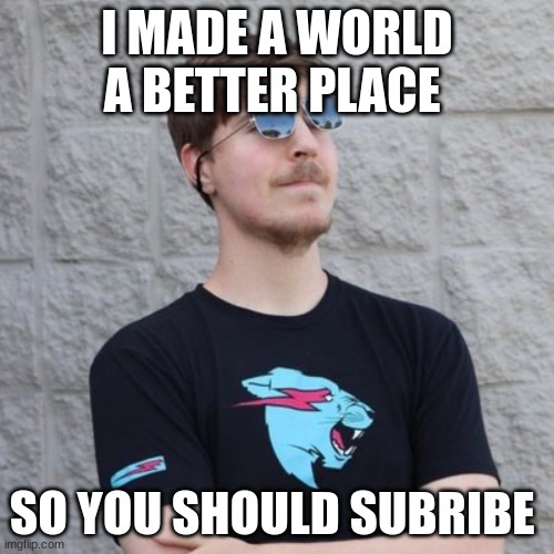 Mr. Beast | I MADE A WORLD A BETTER PLACE; SO YOU SHOULD SUBRIBE | image tagged in mr beast | made w/ Imgflip meme maker