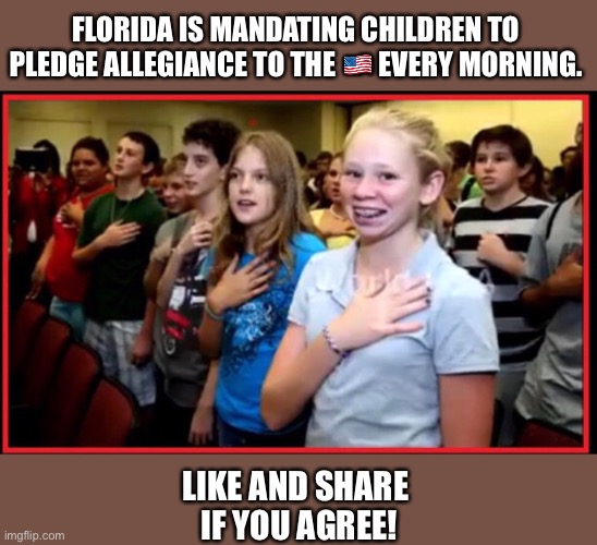 Mandating children in Florida | FLORIDA IS MANDATING CHILDREN TO PLEDGE ALLEGIANCE TO THE 🇺🇸 EVERY MORNING. LIKE AND SHARE 
IF YOU AGREE! | image tagged in mandate,flag,florida | made w/ Imgflip meme maker