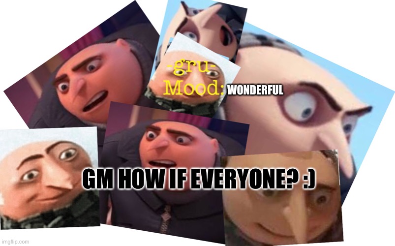 :) | WONDERFUL; GM HOW IF EVERYONE? :) | image tagged in -gru- template | made w/ Imgflip meme maker