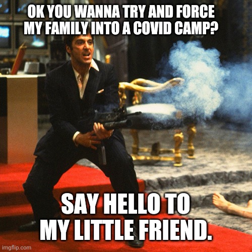 This will start a war. | OK YOU WANNA TRY AND FORCE MY FAMILY INTO A COVID CAMP? SAY HELLO TO MY LITTLE FRIEND. | image tagged in tony montana scarface | made w/ Imgflip meme maker