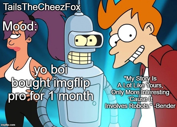Futurama temp (Thanks Nocturnum) | yo boi bought imgflip pro for 1 month | image tagged in futurama temp thanks nocturnum | made w/ Imgflip meme maker