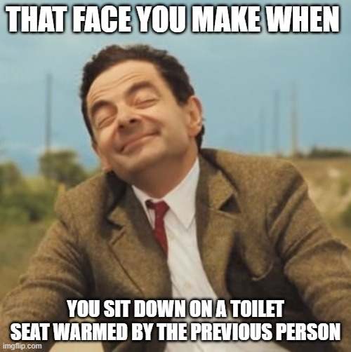 warm seat | THAT FACE YOU MAKE WHEN; YOU SIT DOWN ON A TOILET SEAT WARMED BY THE PREVIOUS PERSON | image tagged in mr bean happy face | made w/ Imgflip meme maker