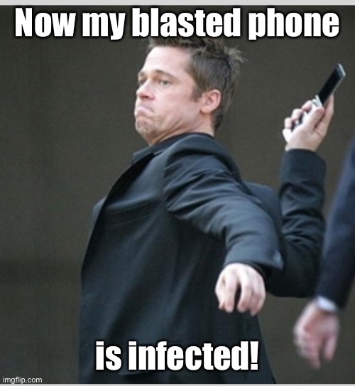 Brad Pitt throwing phone | Now my blasted phone is infected! | image tagged in brad pitt throwing phone | made w/ Imgflip meme maker