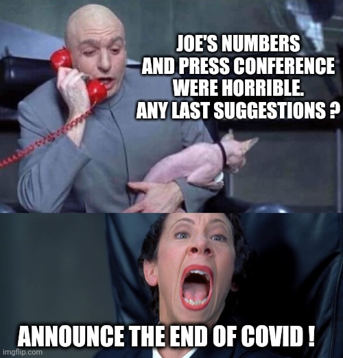 Pander to Sheep | JOE'S NUMBERS AND PRESS CONFERENCE WERE HORRIBLE.
ANY LAST SUGGESTIONS ? ANNOUNCE THE END OF COVID ! | image tagged in dr evil and frau,biden,covid,liberals,democrats,vote 2020 | made w/ Imgflip meme maker