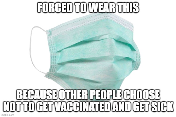 Face mask | FORCED TO WEAR THIS; BECAUSE OTHER PEOPLE CHOOSE NOT TO GET VACCINATED AND GET SICK | image tagged in face mask | made w/ Imgflip meme maker