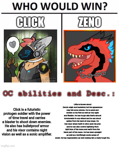 I just decided to make this |  CLICK; ZENO; OC abilities and Desc.:; Little is known about Zeno's origin and backstory but his appearance may tell some stories. He is quick and nimble on his feet as well as very agile and flexible. He has tough skin that's almost invulnerable to any attack and he can shoot spikes from his back at long range. He has razor sharp teeth to slice open his prey and he can also control lightning from light blue of his mane and earth from the black part of his mane. He has keen eyesight as well as a terrifyingly acute sense of smell. He has regeneration as well making him a really tough foe. Click is a futuristic protogen soldier with the power of time travel and carries a blaster to shoot down enemies. He also has bulletproof armor and his visor contains night vision as well as a sonic amplifier. | image tagged in memes,who would win | made w/ Imgflip meme maker