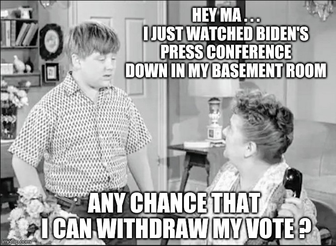 Buyers Remorse | HEY MA . . .
I JUST WATCHED BIDEN'S PRESS CONFERENCE DOWN IN MY BASEMENT ROOM; ANY CHANCE THAT
 I CAN WITHDRAW MY VOTE ? | image tagged in kamala harris,biden,pelosi,democrats,liberals,leftists | made w/ Imgflip meme maker