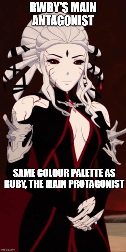 RWBY Salem (present form) | RWBY'S MAIN ANTAGONIST; SAME COLOUR PALETTE AS RUBY, THE MAIN PROTAGONIST | image tagged in rwby salem present form | made w/ Imgflip meme maker