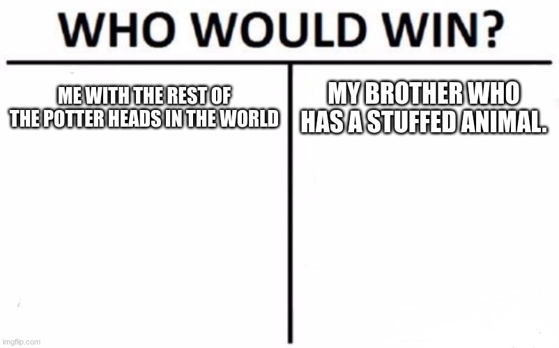 Who Would Win? | ME WITH THE REST OF THE POTTER HEADS IN THE WORLD; MY BROTHER WHO HAS A STUFFED ANIMAL. | image tagged in memes,who would win | made w/ Imgflip meme maker