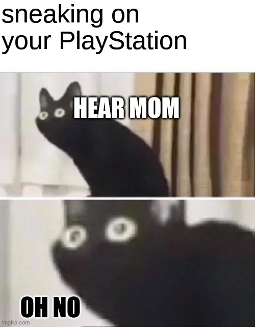 Oh No Black Cat | sneaking on your PlayStation; HEAR MOM; OH NO | image tagged in oh no black cat | made w/ Imgflip meme maker